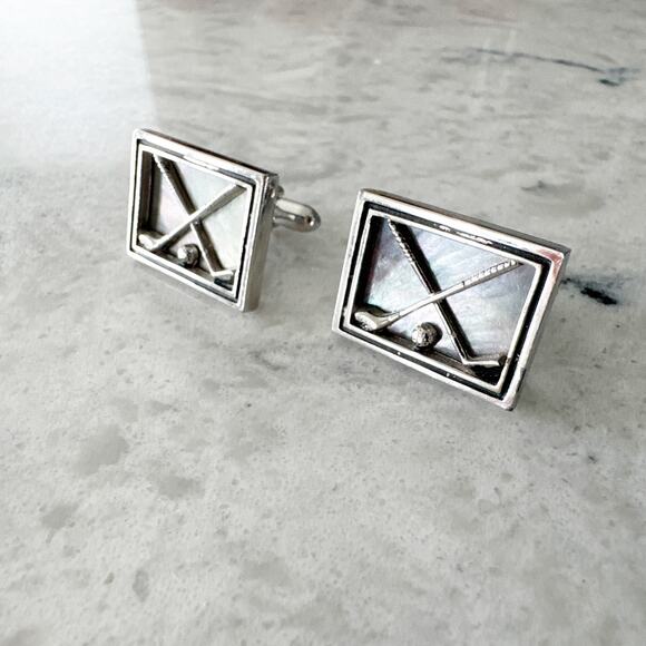 Golf Club Ball Cufflinks Men One Size Silver Tone Iridescent Rectangle Unbranded - Picture 1 of 6